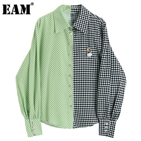 

[eam] women plaid contrast color big size blouse lapel long sleeve loose fit shirt fashion tide spring autumn 2021 1dd1005 women's blou, White