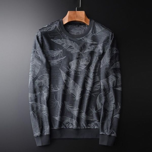 

men's hoodies & sweatshirts brand spring and autumn men luxury leaves pattern jacquard round collar mens fashion slim fit hoodie, Black