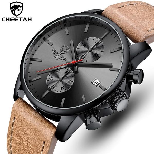 

wristwatches cheetah business watches mens leather quartz wristwatch sports chronograph watch men date clock reloj hombre, Slivery;brown