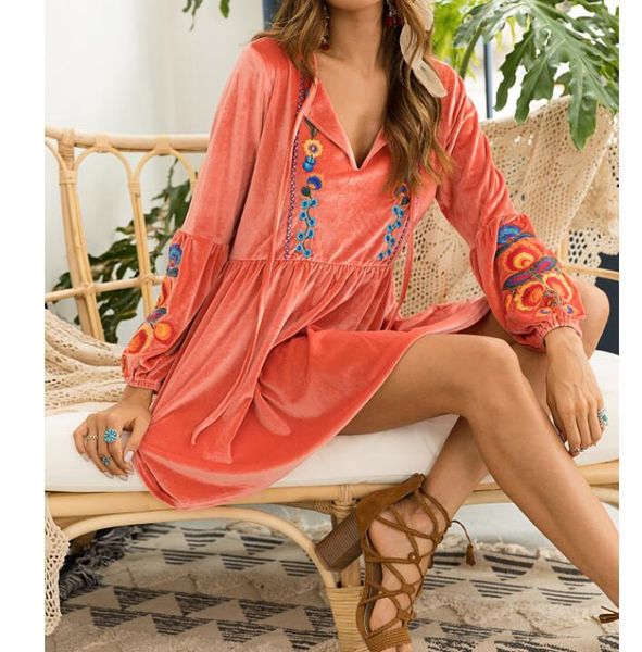 

casual dresses 2021 spring velvet embroidery v-neck long sleeve mini dress women neckline lace up pleated fashion, Black;gray