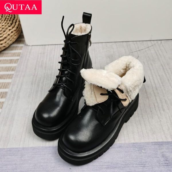 

boots qutaa 2022 women winter warm motorcycle plush round toe ankle genuine leather shoes lace up size 34-43, Black