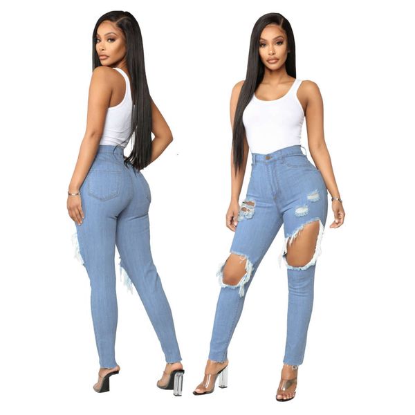 

2021 new2021 new 2019 fashion high waist stretch jeans with holes, White