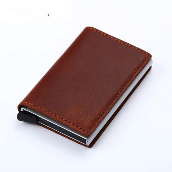 

2021 genuine leather wallet card holder vintage purse crazy horse rfid aluminium business id thin wallets, Red;black