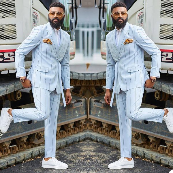 Beach Wedding Tuxedos Pinstripe Мужчины Slim Fit Две штуки Blazer Sours Mens Outfit Prime Pray (Куртка + брюки)