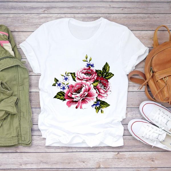 

women's t-shirt women floral short sleeve flower cartoon fashion 90s cute lady t-shirts womens graphic t shirt ladies female tee, White