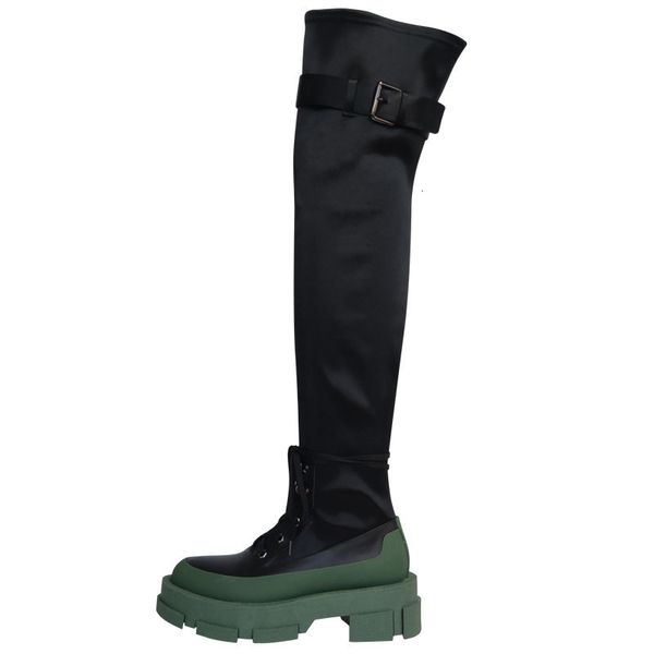 

boots green thick bottom rivet non-falling elastic over knee women lace up platform shoes thigh buckle thin leg long booties jwdy, Black