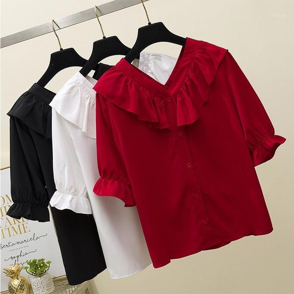

women's blouses & shirts plus size women summer casual arrival 2021 fashion korean style v-neck ruffles loose ladies elegant w284, White