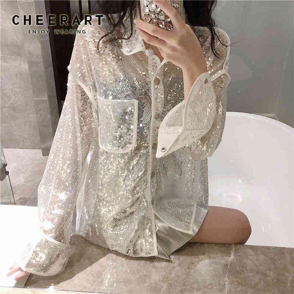 

bling sequin blouse long sleeve shirt women loose glitter white black see through clubwear clothes 210427
