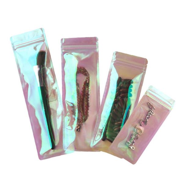 

storage bags 100pcs/lot striped rainbow laser plastic resealable self seal packing bag waterproof zipper cosmetic gift