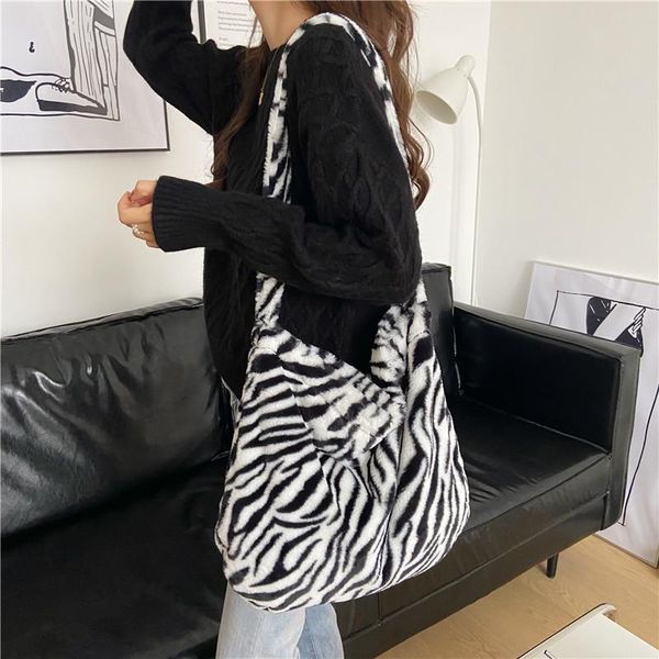 

evening bags winter fashion women furry shoulder bag large capacity female soft plush handbags casual tote zebra pattern girls crossbody
