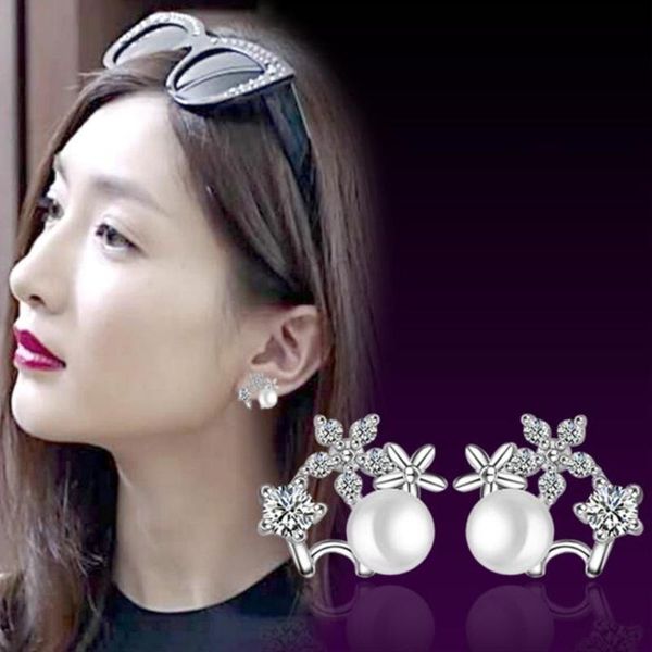 

sterling silver the freshwater pearls studs female explosion temperament flowers crystal earring accessories ear jewelry stud, Golden;silver