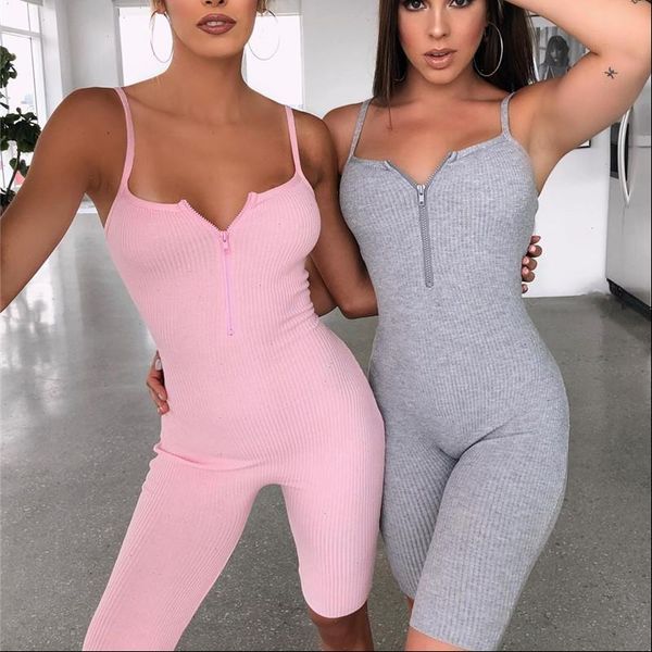 

women jumpsuit deep v neck front zipper rompers sleeveless strap bodycon solid bodysuit sport shorts trousers, Black;white