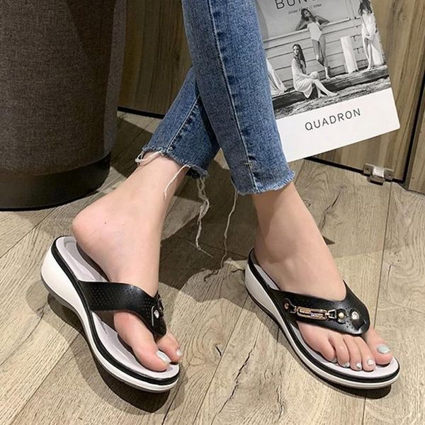 

women slippers summer fashion metal button slip-on slides shoes wedge platform leisure flip flops beach sandals, Black