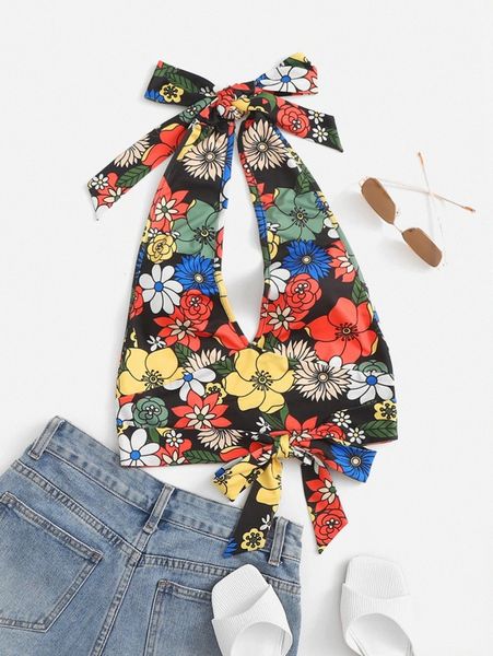 

allover floral print tied backless crop u0ft#, White