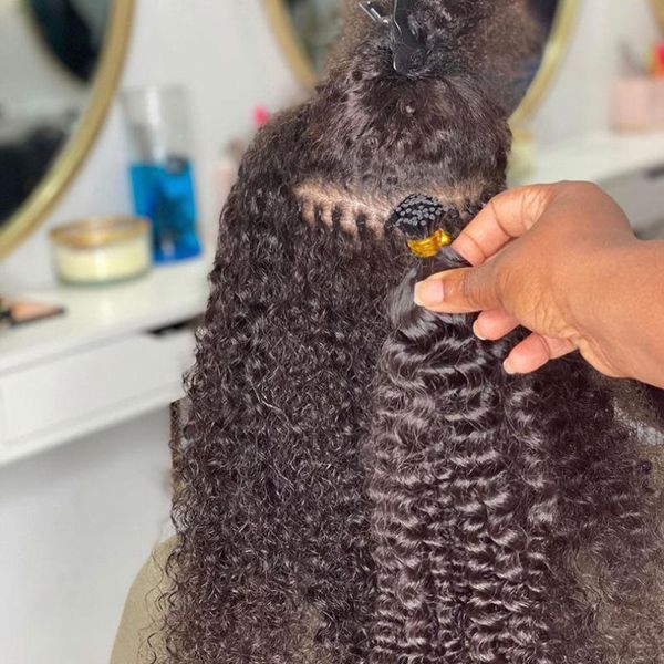 

human hair bulks kinky curly extensions i tip microlinks 1g/strands mongolian natural black color for women
