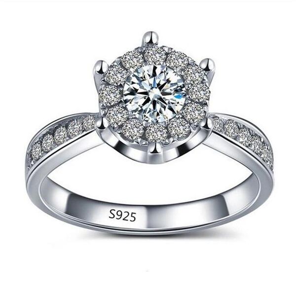 

cluster rings rulalei classical fashion jewelry 925 sterling silver round cut white clear 5a cubic zircon women wedding engagement band ring, Golden;silver