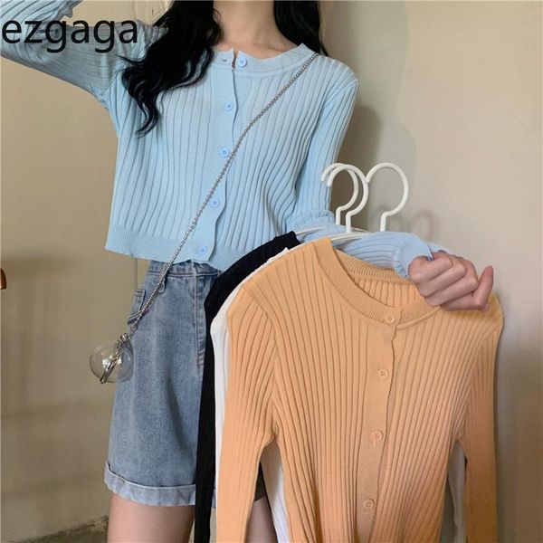 

women's knits & tees ezgaga outwear solid knitted cardigan women casual long sleeve slim stretch cropped sweater jumper simple autumn, White