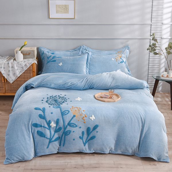 

solid color milk veet embroidered four piece set thickened warm quilt cover bed sheet live broadcast in winter