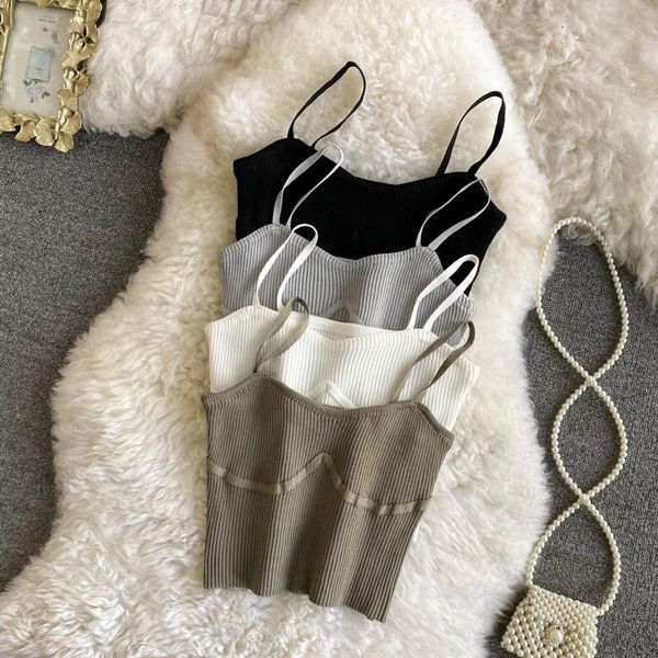 

summer sling short ice silk knitted vest cami women wear v-neck high waist inner thin bottoming shirt camis women's tanks &, White