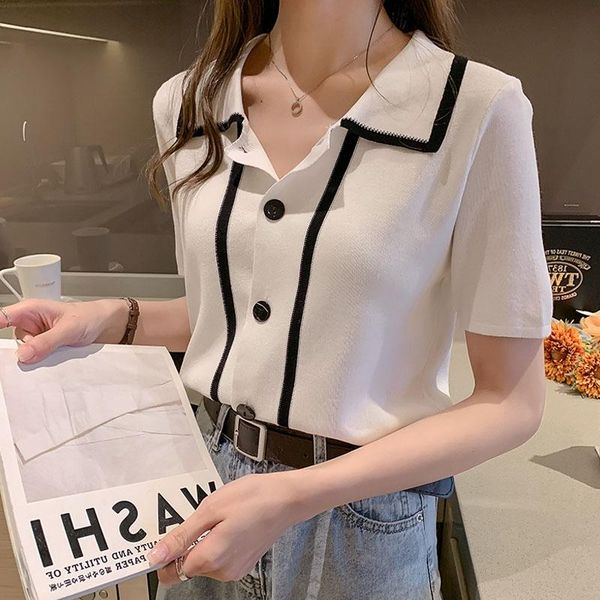 

women's t-shirt single breasted knitted summer t-shirts women turn down collar short sleeve slim shirts loose casual korean patchwork, White