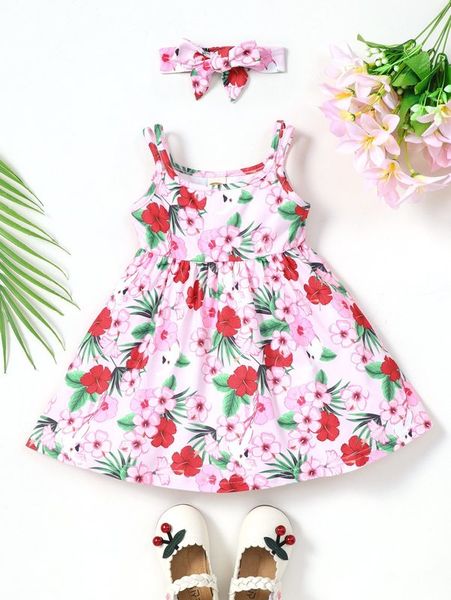

baby floral print cami dress & headband she, Red;yellow