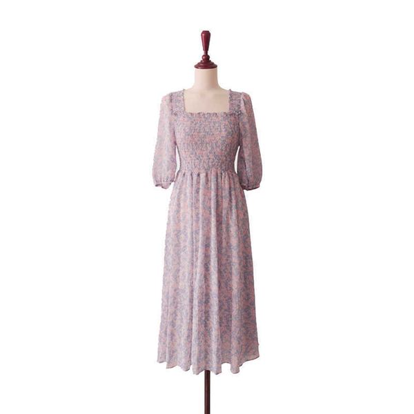 

perhaps u violet floral print slash neck half sleeve chiffon dress midi mid-calf summer vintage d1200 210529, Black;gray