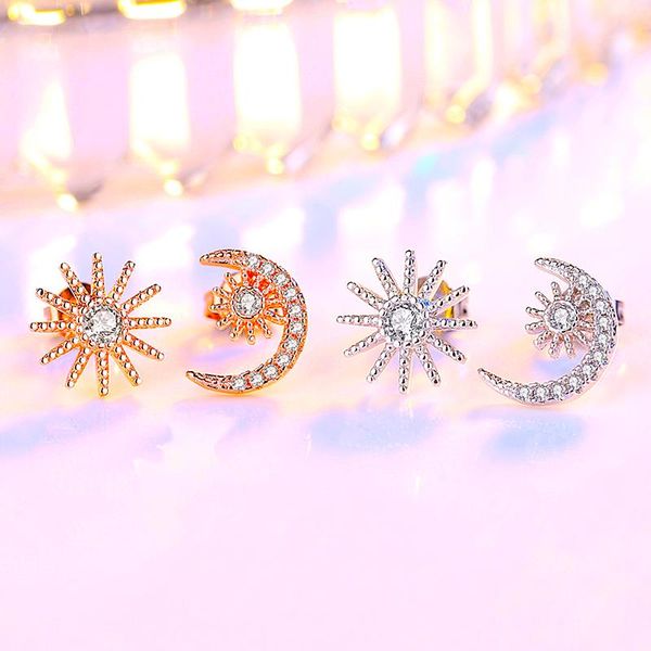 

stud fashion creative asymmetric earrings mini crystal zircon sun star moon tiny earring piercing accessories gifts, Golden;silver