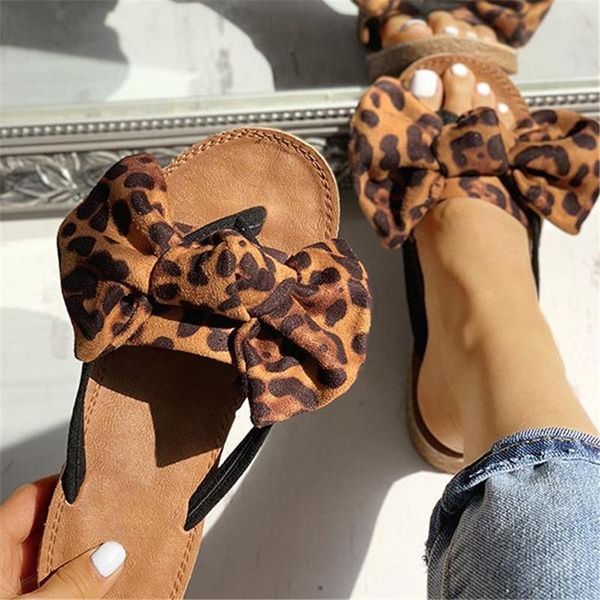 

women sommer slippers summer sandals bow slipper indoor outdoor linen -flops beach shoes female fashion leopard floral, Black