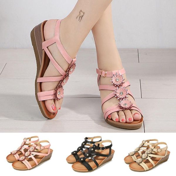 

women sandals ladies crystal casual wedges buckle strap bohemian style soft summer female beach shoes t9#, Black