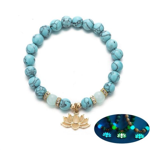Pulseira de pedra natural Ioga cura brilho luminoso no pulseira escuro lótus charme grânulos pulseira para homens mulheres oração budismo 6 cores