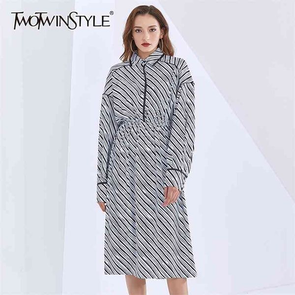 

loose striped dress for women lapel lantern long sleeve high waist elegant midi dresses female clothing 210520, Black;gray