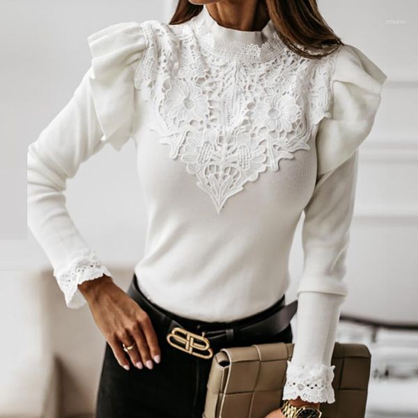 

women's blouses & shirts women autumn solid lace patchwork blouse shirt office ladies long sleeve pullover casual o neck female slim b, White