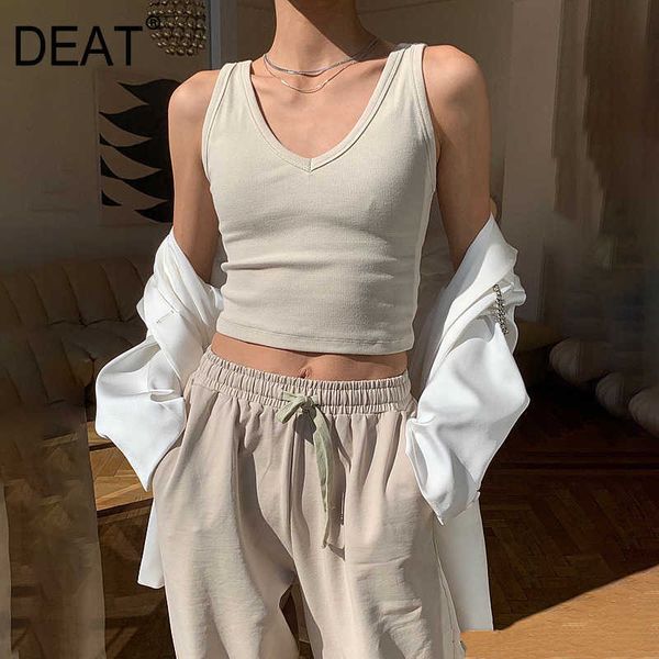 

[deat] summer fashion t-shirt v-neck sleeveless sling solid color temperament simple women tank 13q180 210527, White