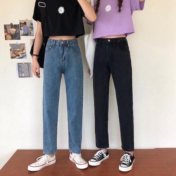 

women's jeans summer korean fashion 2021 women high waist denim straight cropped pants mom boyfriend, Blue