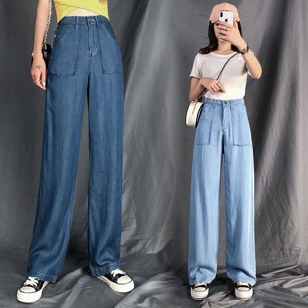 

women's jeans high waist straight tube loose summer thin wide leg pants ice silk casual 2021 large 3xl, Blue