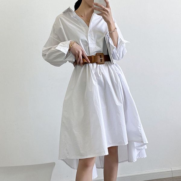 

[ewq] antumn new fashion korean-style women's solid turn down collar knee length long-sleeved loose shirt dress ladies 210423, Black;gray