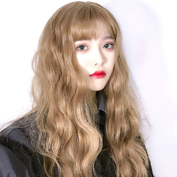 

wig popular european and american wig fashion women's air bangs long curly hair corn perm headgear, Black
