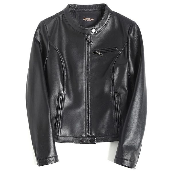 

women's leather & faux genuine jacket women winter autumn female vintage streetwear motorcycle real sheepskin coat y-1248, Black