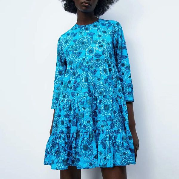 

summer women floral printed dress 2021 fashion 3/4 sleeve casual mini party vestido elegant o-neck girls causal outfits dresses, Black;gray