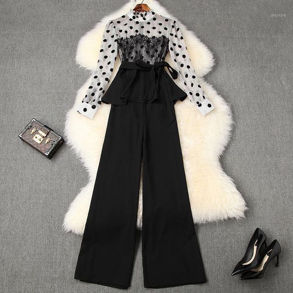 

piece set 2021 2 spring women suit full sleeve ruffle dot patchwork chiffon blouse and wide leg pant two vestido women's tracksuits, Gray