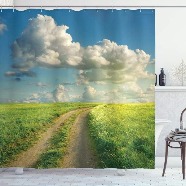 

shower curtains summer curtain, scenery, sunshine on grass road and cloud picture, cloth fabric bathroom decoration set with hook