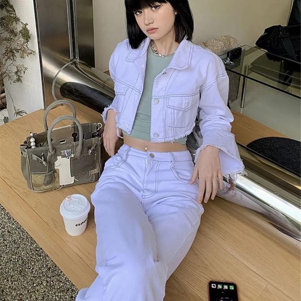 

women's two piece pants high street women 2 pcs tracksuit spring autumn white short coats crop and straight sets suit clothing set ns5