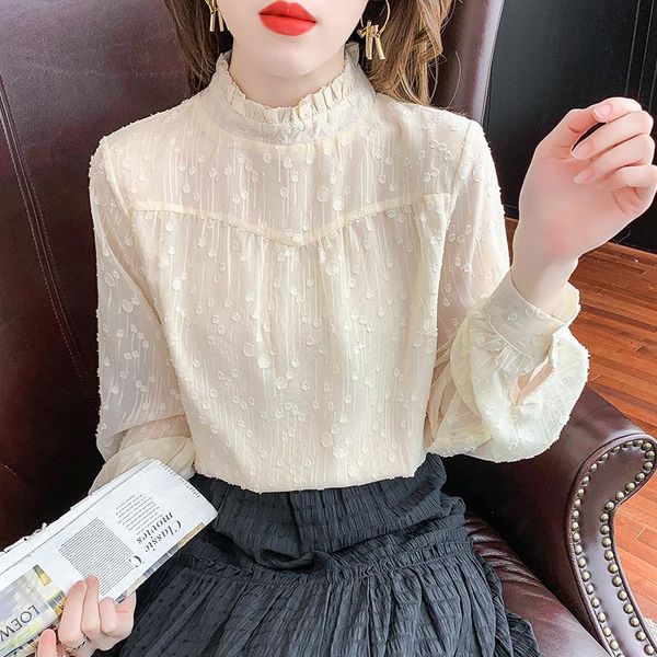 

women's blouses & shirts french chiffon hook flower shirt 2021 autumn korean bubble sleeve blouse blusas mujer solid drop 1295, White