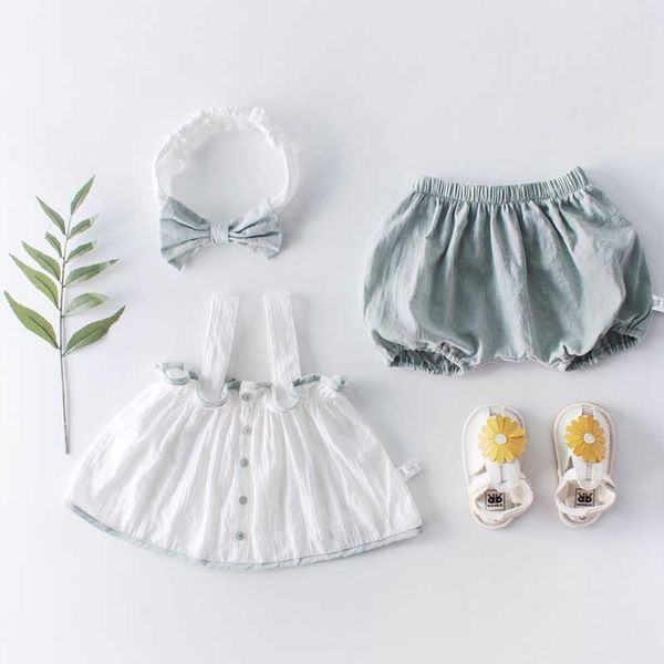 Set di abbigliamento per bebè nato Camicetta con imbracatura in lino di cotone estivo + Pantaloncini verde fagiolo Completo per abiti da ragazza 210429