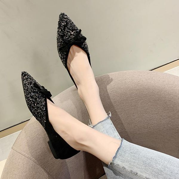 

in the spring of han edition flat bow pointed sequins doug shoes sandals, Black