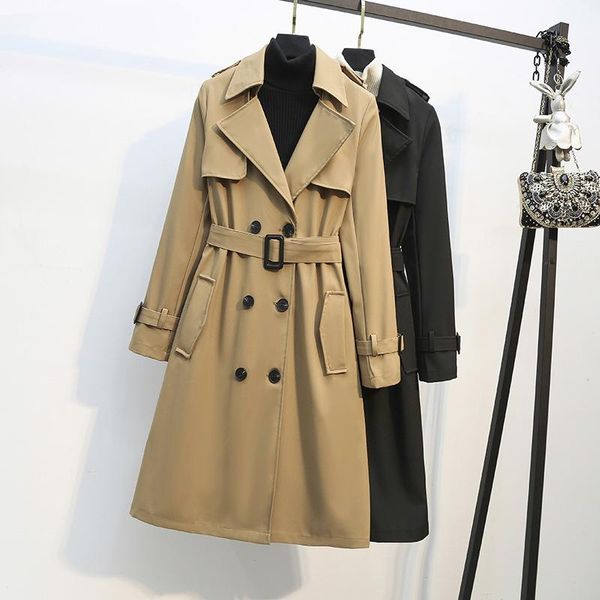 

women's trench coats brand spring autumn long women coat double breasted belted storm flaps khaki dress loose lady outerwear, Tan;black