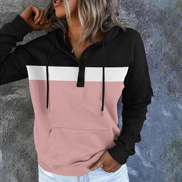 

women's hoodies & sweatshirts pocket drawstring women casual button long sleeve streetwear hoodie sudaderas con capucha moletom feminin, Black