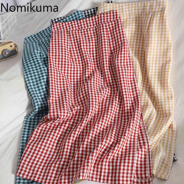 

nomikuma contrast color plaid skirt women summer casual vintage high waist mid calf skirts japan style faldas mujer 210514, Black