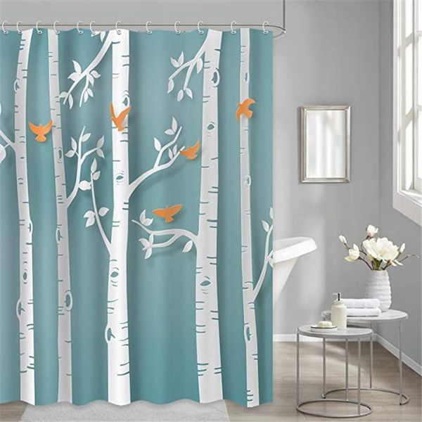 

shower curtains spring birch tree curtain for bathroom, abstract forest bird fabric waterproof, turquoise