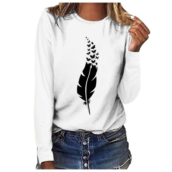 

women's t-shirt women 2021 autumn long sleeve feather fashion print lady t-shirts t shirt ladies womens graphic female tee mujer, White